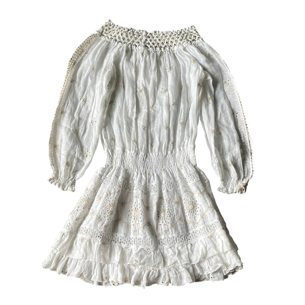 Temptation Positano Irlanda White Smocked‎ Eyelet 100% Linen Mini Dress - Picture 12 of 12